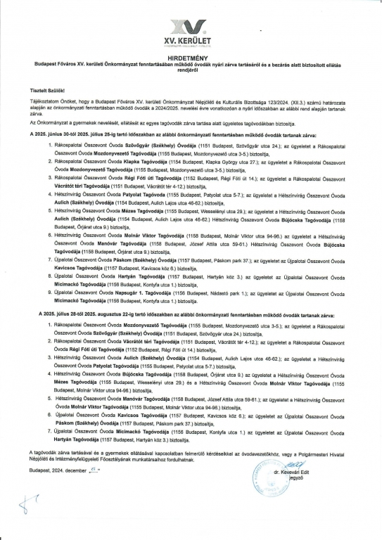 Hirdetmény nyári zárva tartásról