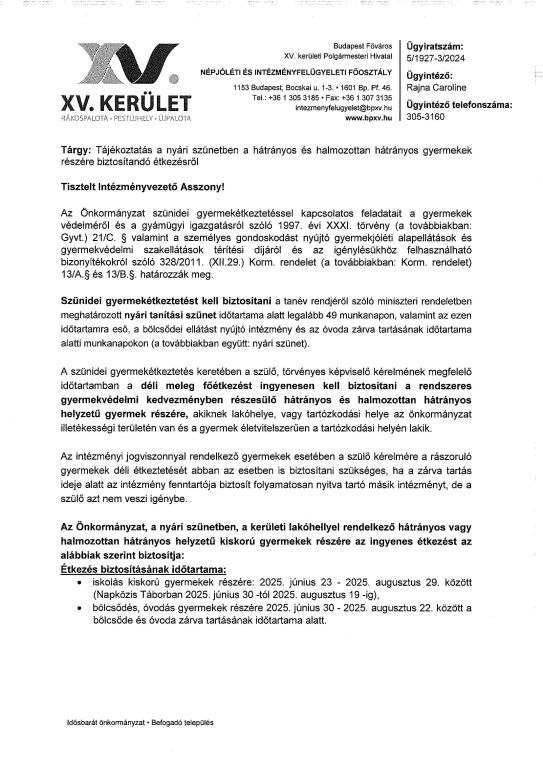 Nyári szüneti étkezési tájékoztató hátrányos helyzetű gyermekek számára