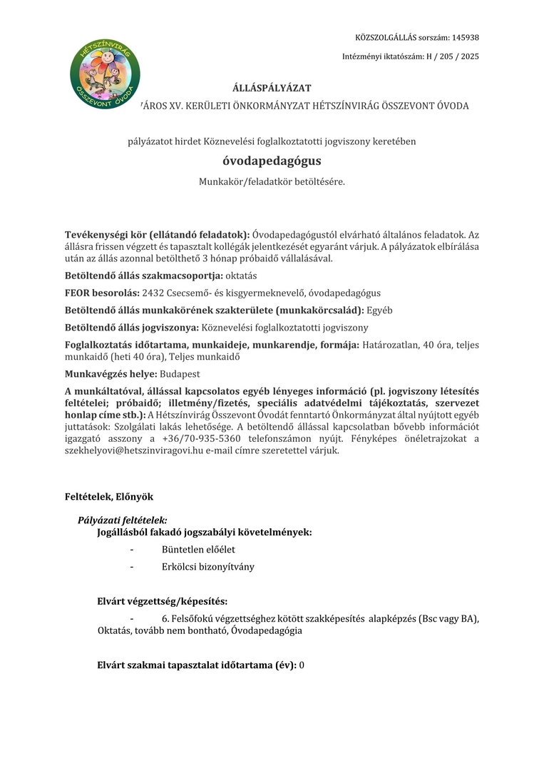 Óvodapedagógus kollégát keresünk