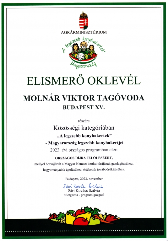 Molnár Viktor Tagóvoda - A legszebb konyhakertek - Elismerő Oklevél